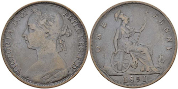 Великобритания 1 пенни 1891 Виктория (1837-1901) KM 755, Spink 3954 бронза 441-1141