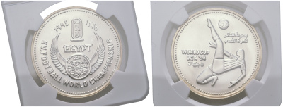 Египет 5 фунтов 1994 15 Чемпионат мира по футболу в США, удар через себя, в слабе NGC MS 69 MATTE KM 738 серебро  UNC  15-011-06