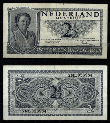 Нидерланды 2 1/2 гульденов 1949 Pick 73 бумага 8592-42-2-2