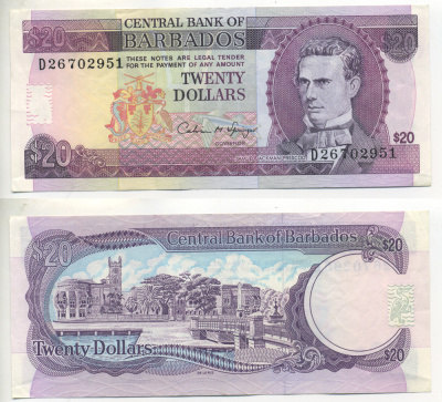 БАРБАДОС 20 ДОЛЛАРОВ 1993 ПОДПИСЬ SPRINGER, САМУЭЛЬ ДЖЕКМАН ПРЕСКОД Pick 44 бумага VF-XF 7457-17-1