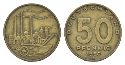 ГДР 50 пфеннигов 1950 А, фабрика KM 4 алюминиевая бронза 4685-1111