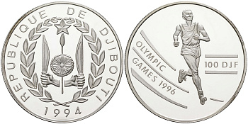 Джибути 100 франков 1994 олимпийские игры 1996 года в Атланте, бег, тираж 30000 экз. KM 30 серебро PROOF 00-00