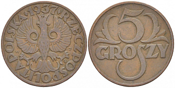 Польша 5 грошей 1937 w KM 10а, Parchimowicz 103i бронза 4549-238