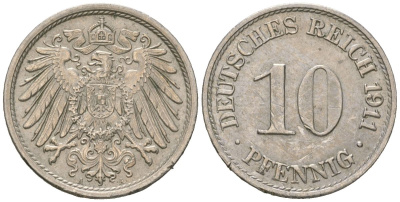Германия 10 пфеннигов 1911 A KM 12, J. 13 медно-никель 4613-123