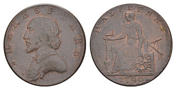Великобритания, Уорвикшир, Стратфорд-на-Эйвоне 1/2 пенни 1790 Уильям Шекспир, токен, гладкий гурт Dalton & Hamer 327f медь 3711-215