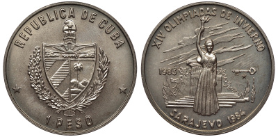 Куба 1 песо 1983 XIV зимние Олимпийские игры в Сараево 1984 года, олимпийский огонь KM 195 медно-никель UNC 63-523