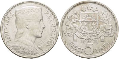 Латвия 5 латов 1929 девушка KM 9 серебро 3896-1435