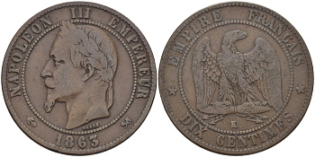 Франция 10 сантимов 1863 K, Наполеон III (1852-1870) KM 798.3, Le Franc 134.10 бронза 3460-232