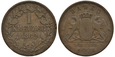 Баден 1 крейцер 1862 Великий Герцог Фридрих I (1856-1907) KM 242 медь 413-5323