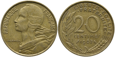 ФРАНЦИЯ 20 САНТИМОВ 1967 KM 930 медь алюминий никель 98-326