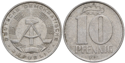 ГДР 10 пфеннигов 1967 A KM 10 алюминий 27-431