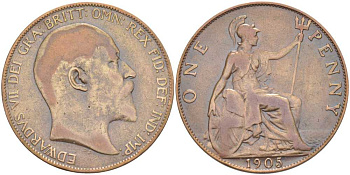 Великобритания 1 пенни 1905 Эдуард VII (1901-1910) KM 794.2, Spink 3990 бронза 180-111