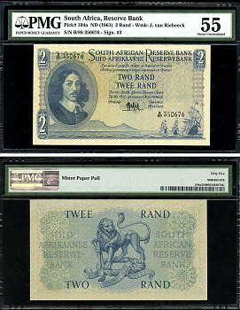 ЮАР 2 ранда ND (1961) Бартоломеус Вермуйден, лев, английский-африкаанс, в слабе PMG 55 About Uncirculated Pick 104 a бумага  aUNC  452-1-13