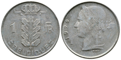 БЕЛЬГИЯ 1 ФРАНК 1970 BELGIQUE KM 142.1 медно-никель 89-447