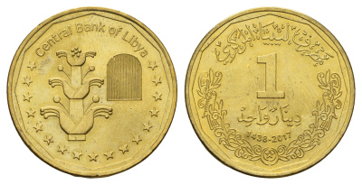 Ливия 1 динар 2017 год-тип KM 36 сталь плакированная латунью UNC 4678-354