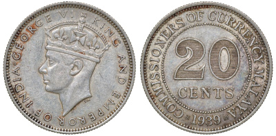 Британская Малайя 20 центов 1939 Георг VI (1937-1952) KM 5 серебро 53-317