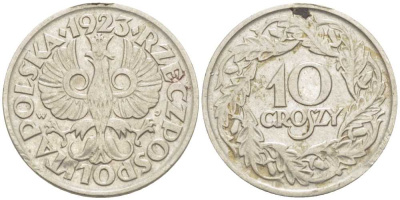 ПОЛЬША 10 ГРОШЕЙ 1923 KM 11 никель 3309-712