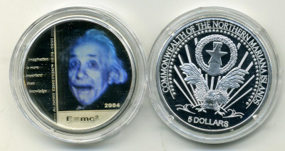 Северные Марианские острова 5 долларов 2004 Альберт Эйнштейн, формула, голограмма KM X5 серебро PROOF M2-03