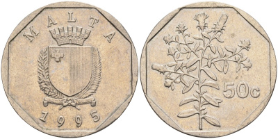 Мальта 50 центов 1995 девясил KM 98 медно-никель 210-1027