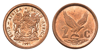ЮАР 2 цента 1991 орел с рыбой KM 133 сталь плакированная медью UNC 4694-247