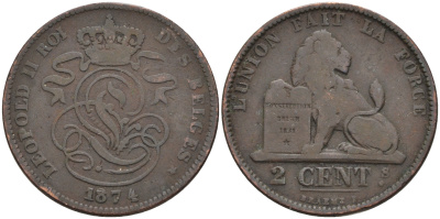Бельгия 2 сантима 1874 Belges KM 35.1 медь 4595-216