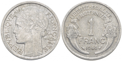 ФРАНЦИЯ 1 ФРАНК 1948 ТИП MORLON, LEGERE KM 885a.1, LE FRANC 221.13 алюминий 4402-1027