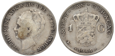 Нидерландское Кюрасао 1 гульден 1944 D, Вильгельмина (1890-1948) KM 45 серебро 36-537