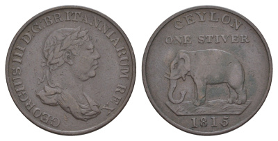 Цейлон 1 стивер 1815 Георг III (1760-1820) KM 81 медь 1518-625