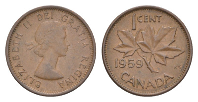 Канада 1 цент 1959 Елизавета II (1952-2022), кленовый лист KM 49 бронза 4630-535