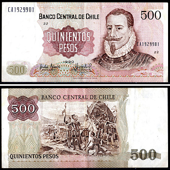 Чили 500 песо 1990 Pick 153b бумага 3295-12-2-2