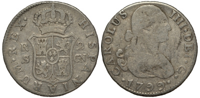 Испания 2 реала 1799 S CN, мондвор (Севилья), Карлос IIII (1788-1808) KM 430.2 (C69.2) серебро 650-941