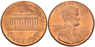 США 1 цент 1998 D, Линкольн KM 201b цинк плакированный медью 4115-928
