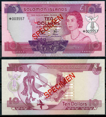 Соломоновы острова 2, 5 и 10 долларов ND (1977) Елизавета II (1952-2022), образец, Specimen, № 003557 Pick 5 s, 6 s, 7 s  бумага  UNC (пресс) 451-19-2