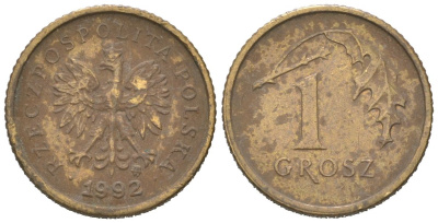 Польша 1 грош 1992 MW Y 276 марганец латунь 4618-135