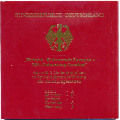 ФРГ набор из 5 штук по 10 марок 1999 A, D, F, G, J, 250 лет со дня рождения Иоганна Гете KM 197 серебро PROOF 6-5-2-6