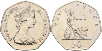 Великобритания 50 пенсов 1980 Елизавета II (1952-2022) KM 913, Spink 4223 (H1) медно-никель aUNC 88-542