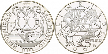 Сан-Марино 5 евро 2003 R,  Летние Олимпийские игры 2004 в Афинах KM 453 серебро PROOF 1087-2-14