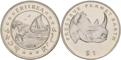 Эритрея 1 доллар 1994 серия берегите планету Земля, носорог KM 16 медно-никель UNC 4125-834