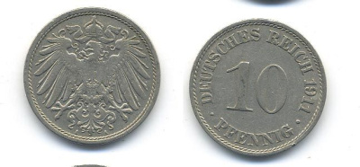 ГЕРМАНИЯ 10 ПФЕННИГОВ 1911 A KM 12, J. 13 медно-никель 58-346