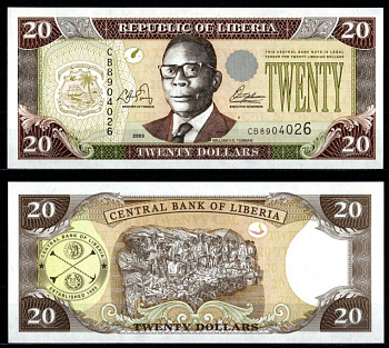 Либерия 20 долларов 2003 Pick 28 a 7214-63-1-2 бумага UNC (пресс) 7214-62-3-2