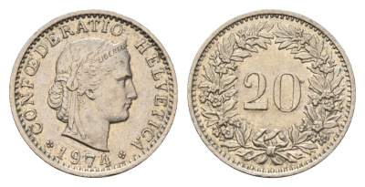 Швейцария 20 раппенов 1974 KM 29a медно-никель 4685-311