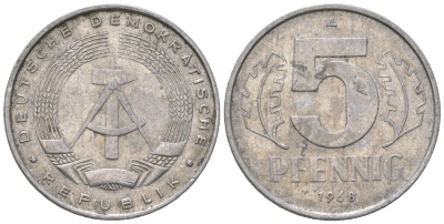 ГДР 5 пфеннигов 1968 A KM 9.1 алюминий 4625-228