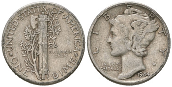 США 10 центов (дайм) 1944 KM 140 серебро 3334-1266