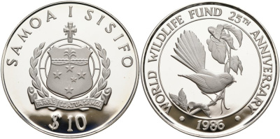Самоа 10 тала 1986 25 лет WWF, самоанский куриный голубь KM 72 серебро PROOF 01-170-43