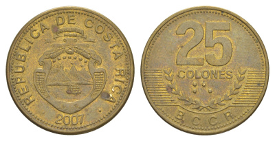 Коста-Рика 25 колонов 2007 KM 229c сталь плакированная латунью 4633-1025
