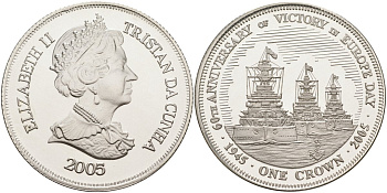 Тристан-да-Кунья 1 крона 2005 60-я годовщина победы в Европе, корабли серебро PROOF 00-00