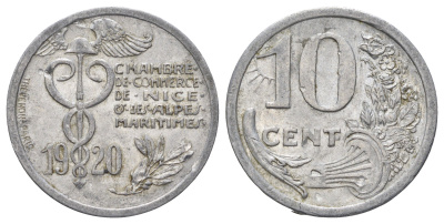 Франция, Ницца 10 сантимов 1920 диаметр 25 мм, вес 1,5 гр Elie mon 10.2 алюминий 4126-1051