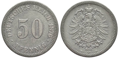 ГЕРМАНИЯ 50 ПФЕННИГОВ 1876 B, СТАРОГЕРБОВКА KM 6, Jager 7, Weege 13 серебро 00-00