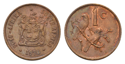 ЮАР 1 цент 1970 герб, капские воробьи, первый год KM 82 бронза 4643-155