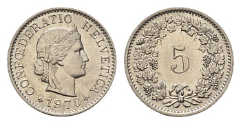 Швейцария 5 раппенов 1970 KM 26 медно-никель 4685-228